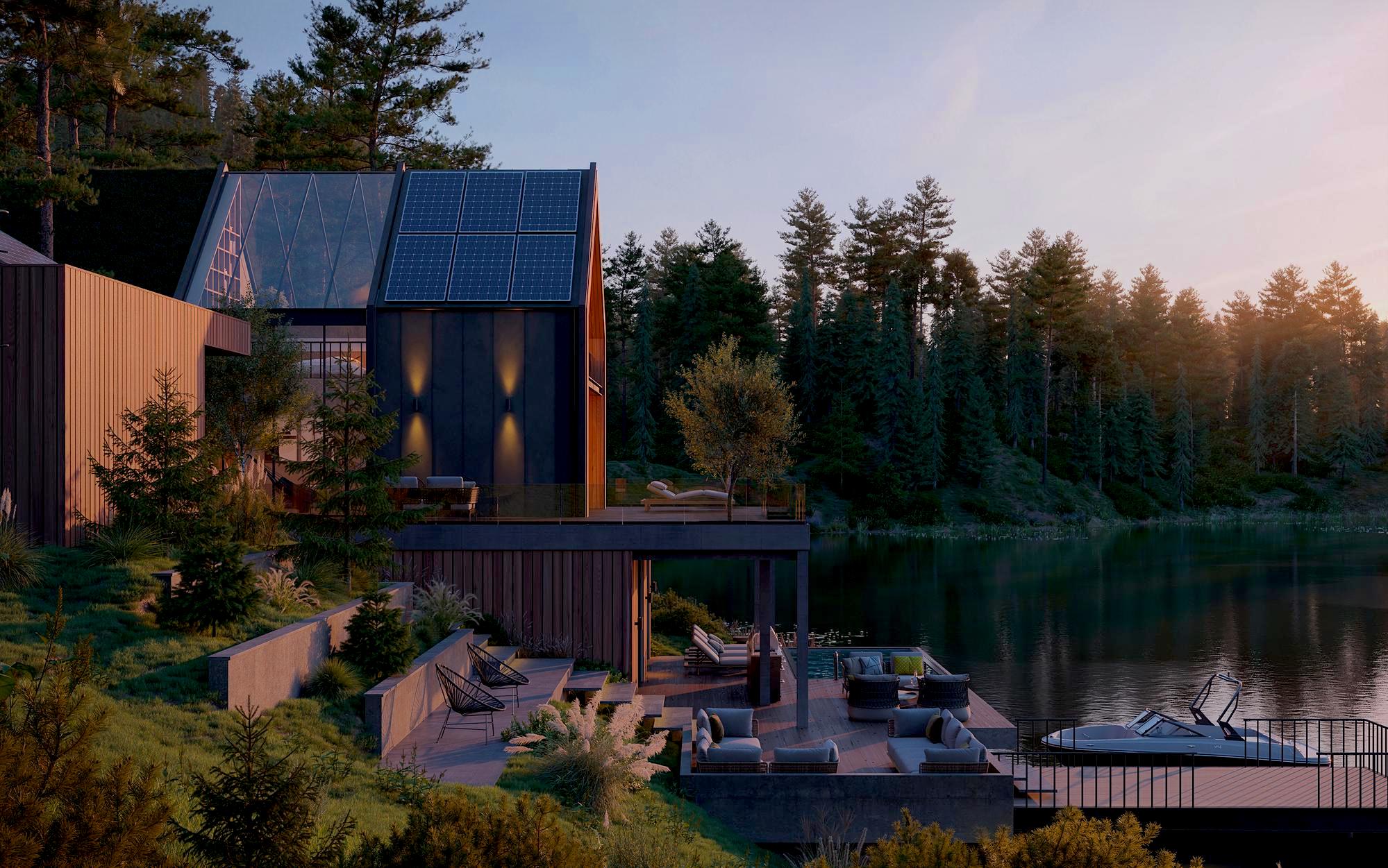 solar panels lake house cabin modern home design