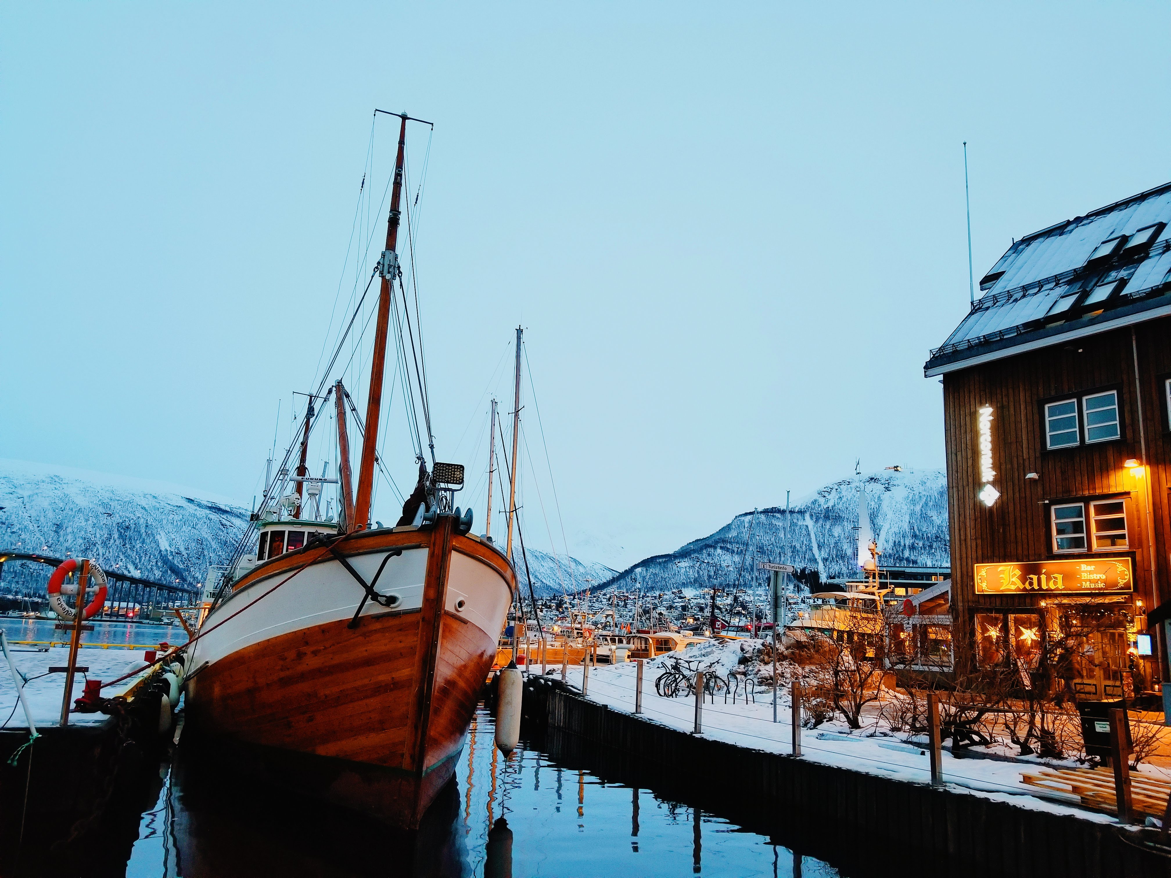 Tromso harbor Nordic Scandinavian boats Arctic Cathedral water ships
