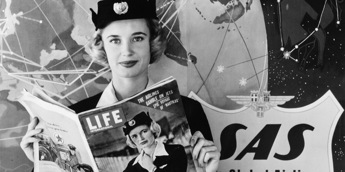 scandinavian airlines historic first flight airplane travel vintage attendant LIFE
