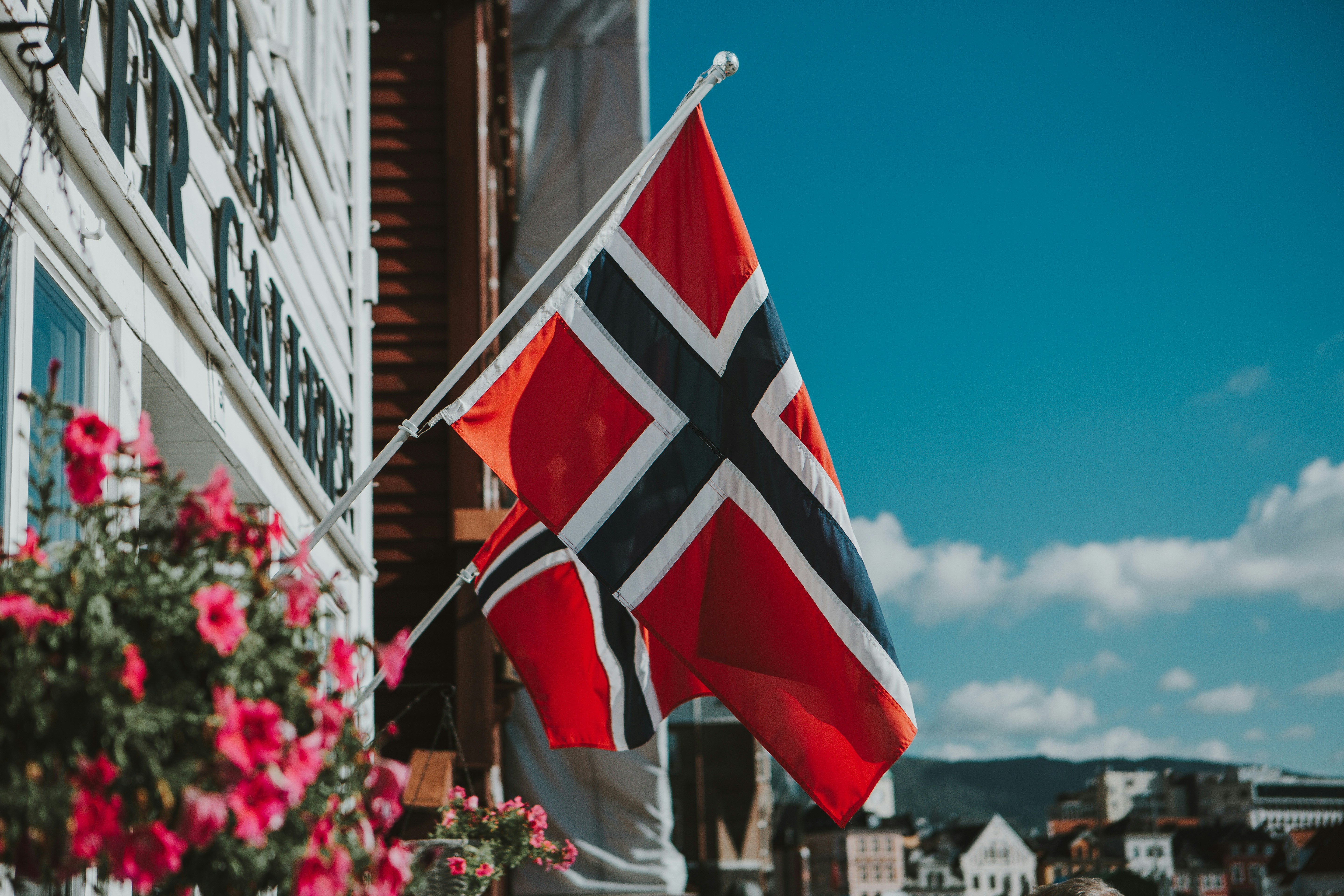 norwegian flag bergen norway europe scandinavia syttende mai buildings town