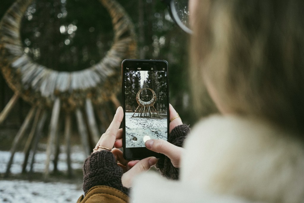 land art nature sculpture wood pagan phone forest hands technology social media