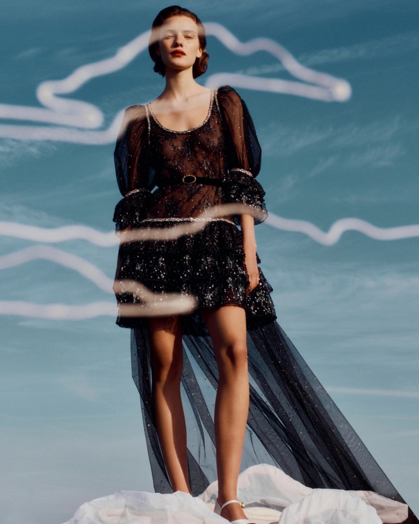 chanel luxury fashion black dress clouds style model fancy event occasion women female