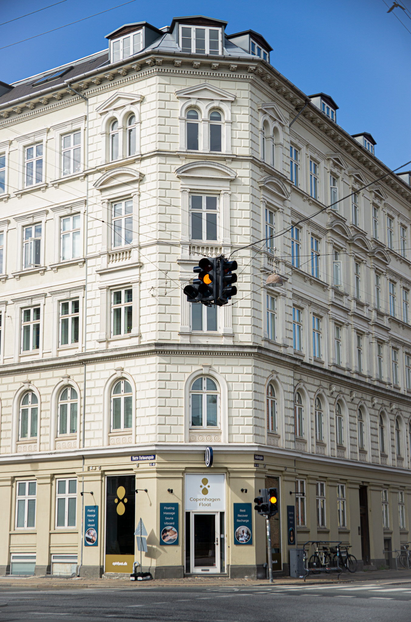 Danish Architecture in Copenhagen yellow light brick buildings stop light