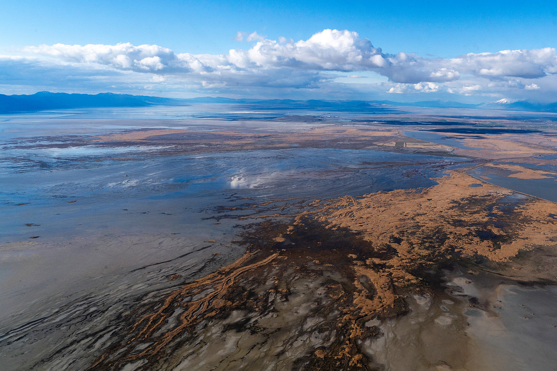 great salt lake ogden bay utah water climate change conservation blue sky mountains american west drought