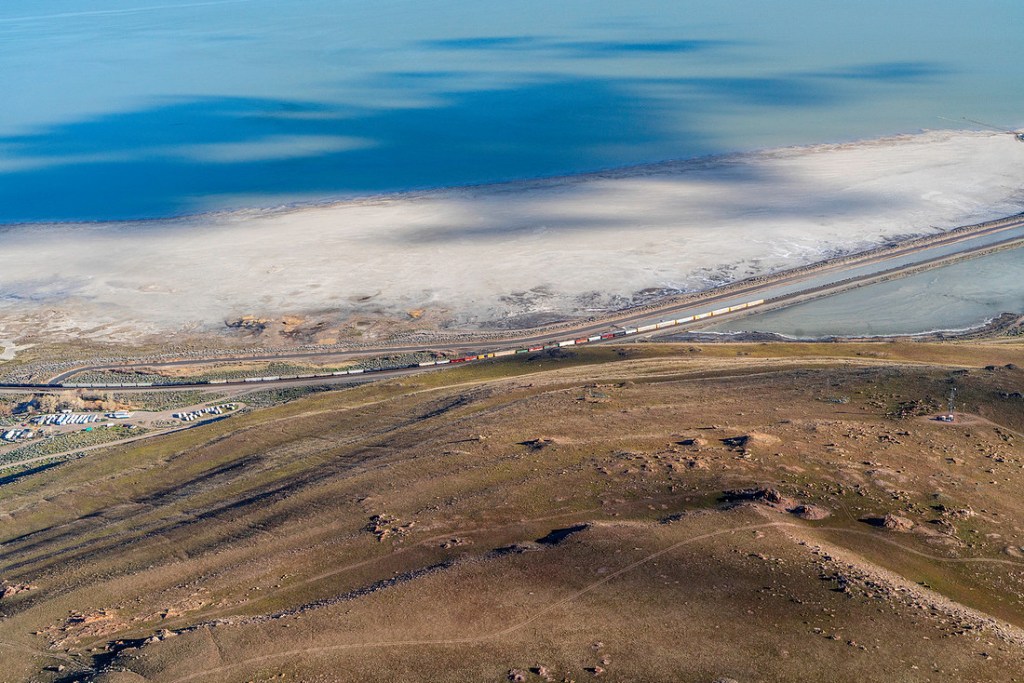 great salt lake ogden bay promontory point train utah water climate change conservation blue sky mountains american west drought causeway